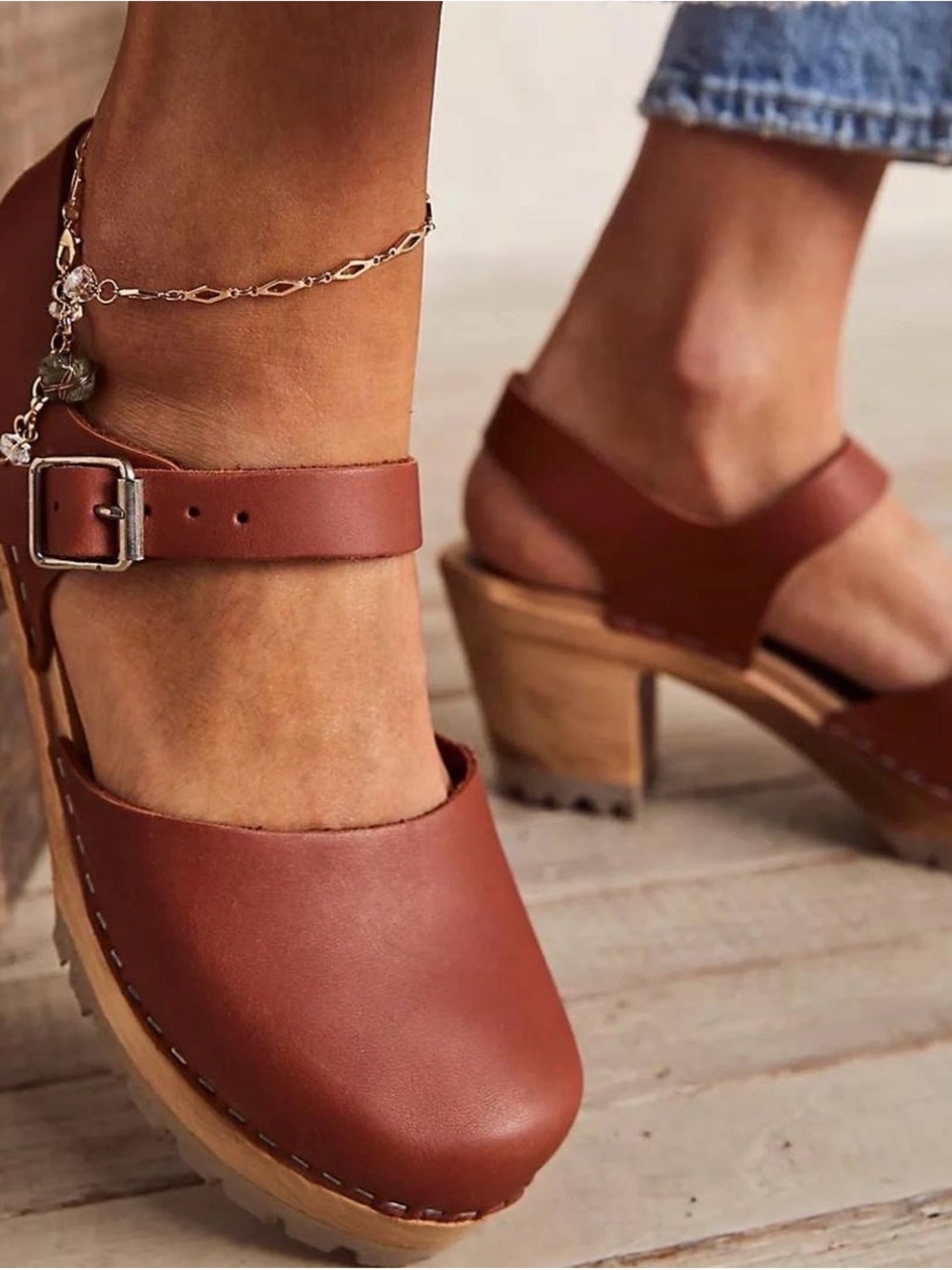 MIA Brown Leather Ankle-Strap Clog Sandals